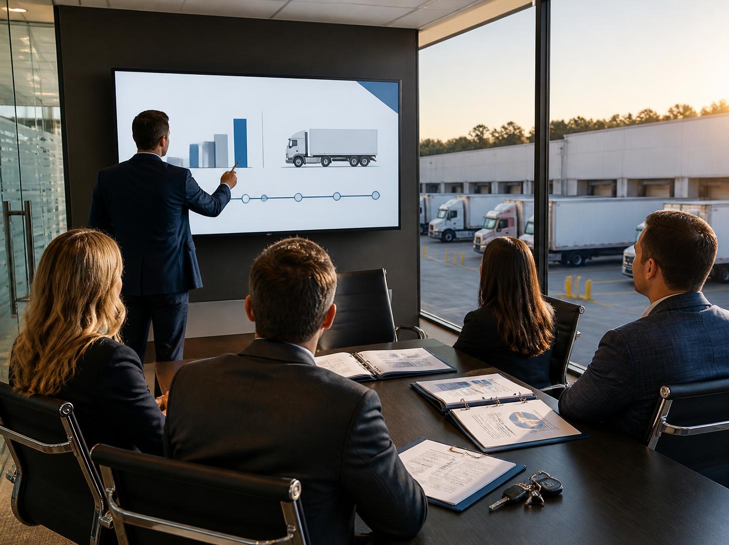 Investment presentation in a meeting room with trucks visible through the window