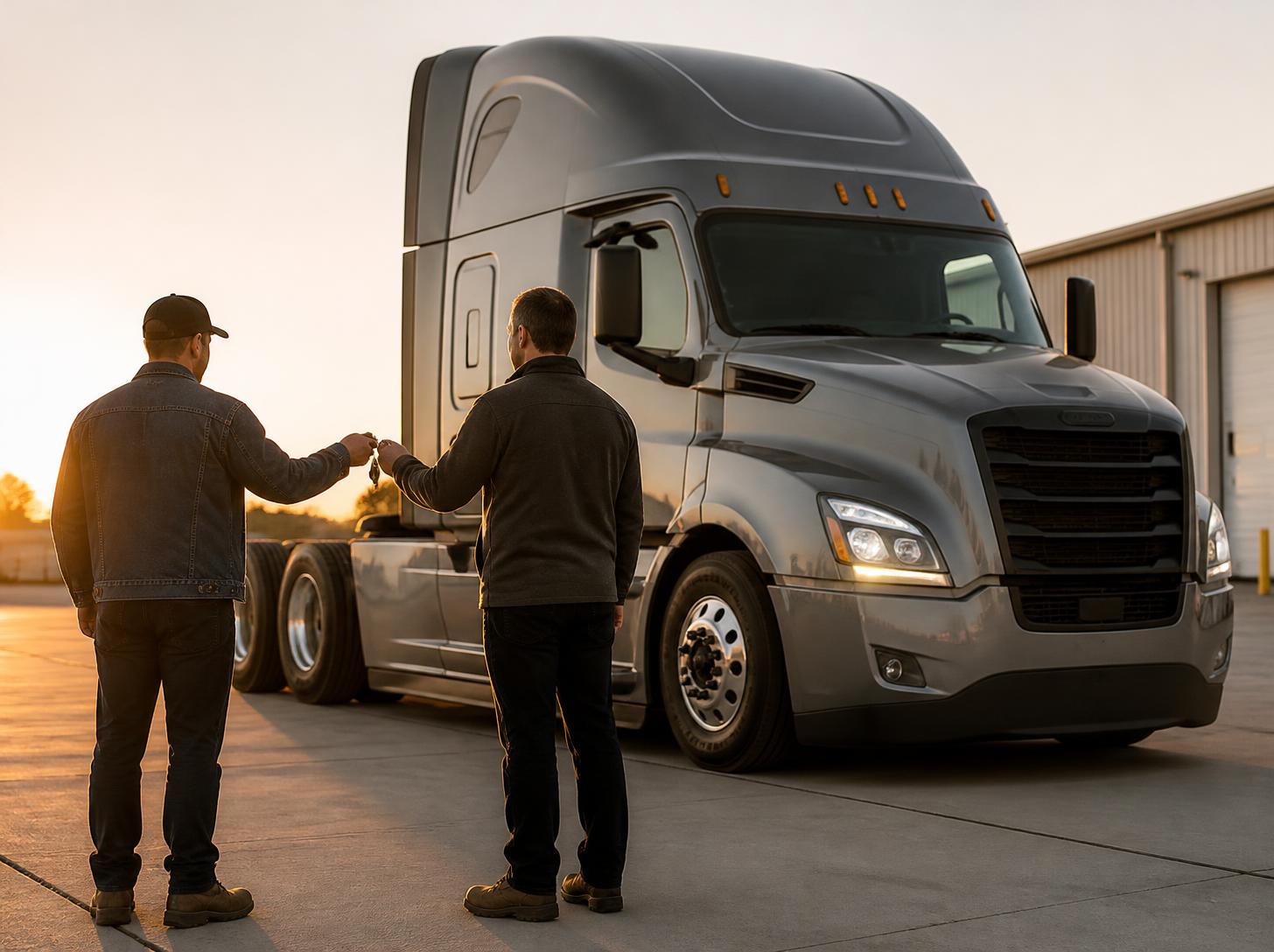 Two people, seen from behind, handing over the keys next to a new truck