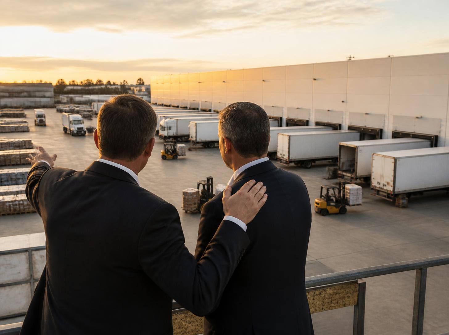 Two business partners, seen from behind, overlooking busy loading docks