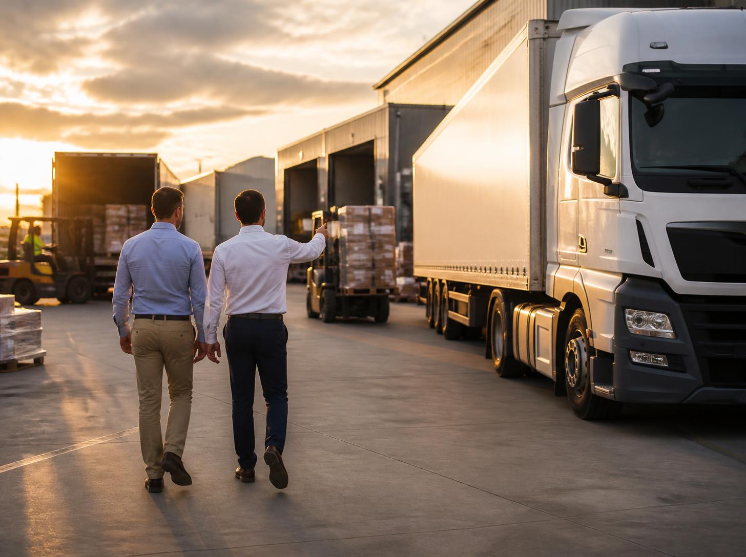 Two partners, seen from behind, walking toward trucks at the loading docks